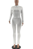 White Sexy Print Patchwork Asymmetrical Zipper Long Sleeve Two Pieces