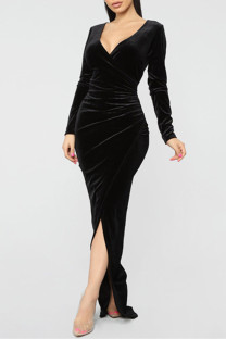 Black Fashion Sexy Solid Split Joint V Neck Long Sleeve Dresses