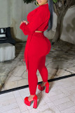 Red Casual Solid Patchwork O Neck Long Sleeve Two Pieces
