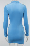 Blue Casual Solid Split Joint Zipper Collar One Step Skirt Dresses