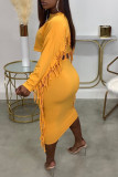 Yellow Casual Print Tassel O Neck Long Sleeve Two Pieces