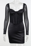 Black Sexy Solid Patchwork Square Collar Dresses