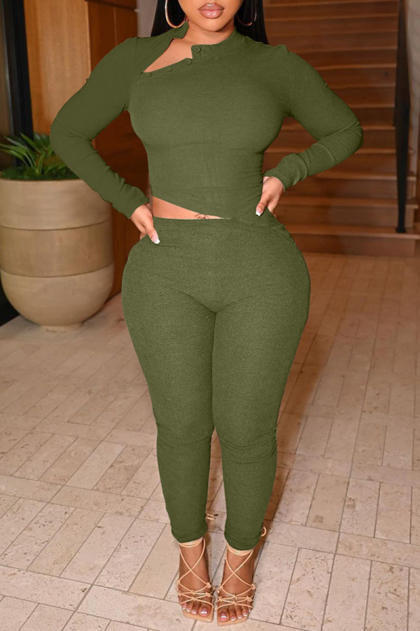 Army Green Casual Solid Patchwork Buttons Asymmetrical O Neck Long Sleeve Two Pieces