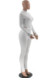 White Sexy Print Patchwork Asymmetrical Zipper Long Sleeve Two Pieces