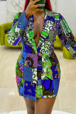 Turquoise Casual Print Patchwork Buckle Turn-back Collar Dresses