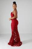 rose red Acetyl fiber adult Sexy Fashion Spaghetti Strap Sleeveless Slip Slim Dress Floor-Length Mesh perspec