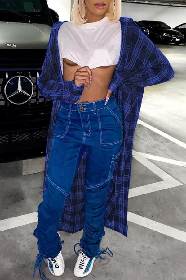 Blue Fashion Casual Plaid Patchwork Letter Turndown Collar Outerwear