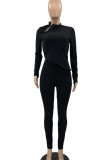 Burgundy Casual Solid Patchwork Buttons Asymmetrical O Neck Long Sleeve Two Pieces
