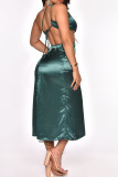 Ink Green Fashion Sexy Solid Hollowed Out Slit One Shoulder Sleeveless Dress Dresses