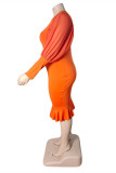 Orange Fashion Casual Solid Split Joint O Neck Long Sleeve Plus Size Dresses