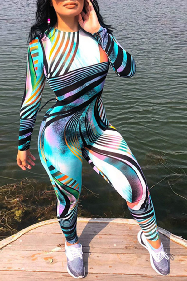 Colour Sexy Print Backless O Neck Skinny Jumpsuits