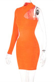 Orange Fashion Sexy Solid Hollowed Out Turtleneck Long Sleeve Dresses