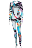 Colour Sexy Print Backless O Neck Skinny Jumpsuits