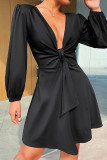 Red Sexy Solid Patchwork Knotted V Neck A Line Dresses