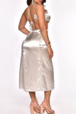 Ink Green Fashion Sexy Solid Hollowed Out Slit One Shoulder Sleeveless Dress Dresses