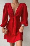 Red Sexy Solid Patchwork Knotted V Neck A Line Dresses