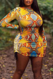 Yellow Sexy Print Patchwork Draw String Fold O Neck One Step Skirt Dresses