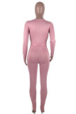 Pink Fashion Casual Solid With Belt V Neck Skinny Jumpsuits