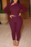 Burgundy Casual Solid Patchwork Buttons Asymmetrical O Neck Long Sleeve Two Pieces