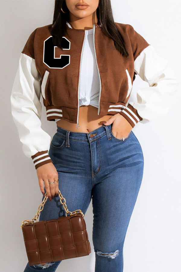 Brown Casual Print Patchwork Zipper Outerwear