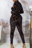 Black Fashion Sexy Print Bandage Hollowed Out O Neck Skinny Jumpsuits