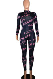 Black Sexy Print Patchwork O Neck Regular Jumpsuits