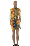 Yellow Sexy Print Patchwork Draw String Fold O Neck One Step Skirt Dresses