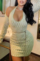 Light Green Sexy Print Hollowed Out Split Joint U Neck Pencil Skirt Dresses