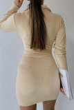 Apricot Casual Solid Split Joint Zipper Collar One Step Skirt Dresses