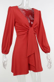 Red Sexy Solid Patchwork Knotted V Neck A Line Dresses