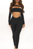 Black Sexy Casual Solid Hollowed Out O Neck Skinny Jumpsuits