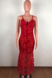 Red Acetyl fiber adult Sexy Fashion Spaghetti Strap Sleeveless Slip Slim Dress Floor-Length Mesh perspec