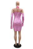 Pink Fashion Sexy Patchwork Bandage Backless Slit Long Sleeve Dresses