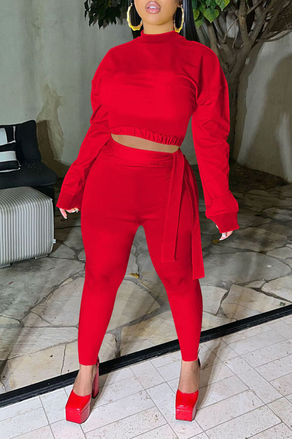Red Casual Solid Patchwork O Neck Long Sleeve Two Pieces