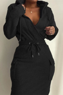 Black Fashion Casual Solid Split Joint V Neck Long Sleeve Dresses