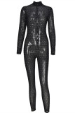 Black Fashion Sexy Patchwork Solid See-through Turtleneck Skinny Jumpsuits