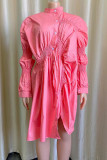 Pink Casual Solid Patchwork Buckle Fold Asymmetrical Mandarin Collar Shirt Dress Dresses