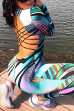 Colour Sexy Print Backless O Neck Skinny Jumpsuits