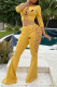 Yellow Fashion Street Print Bandage Patchwork Square Collar Three Quarter Two Pieces