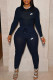 Navy Blue Fashion Street Print Patchwork O Neck Long Sleeve Two Pieces