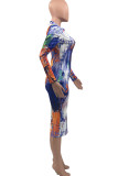 Multicolor Fashion Casual Print Tie-dye Half A Turtleneck Long Sleeve Dresses