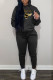 Black Casual Letter Print Draw String Pocket Hooded Collar Long Sleeve Two Pieces