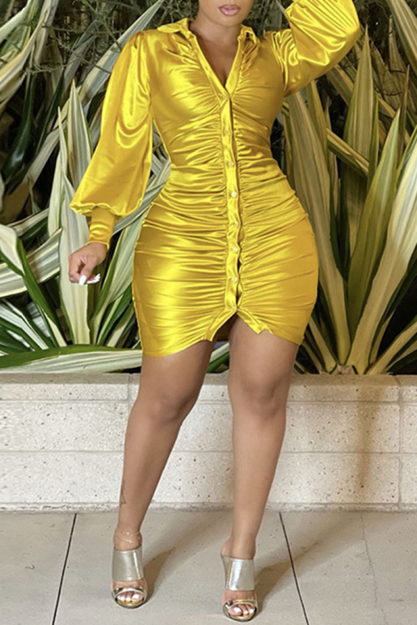 Yellow Sexy Solid Patchwork Buckle Turndown Collar One Step Skirt Dresses