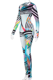 Colour Sexy Print Backless O Neck Skinny Jumpsuits