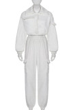 White Casual Solid Patchwork Pocket Buckle Turndown Collar Long Sleeve Two Pieces