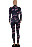 Black Sexy Print Patchwork O Neck Regular Jumpsuits