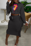 Yellow Casual Print Tassel O Neck Long Sleeve Two Pieces