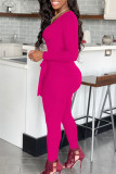 Rose Red Fashion Casual Solid With Belt V Neck Skinny Jumpsuits