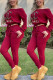Red Fashion Casual Print Basic Bateau Neck Long Sleeve Two Pieces