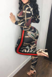Black Sexy Casual Print Bandage Hollowed Out Turndown Collar Long Sleeve Two Pieces